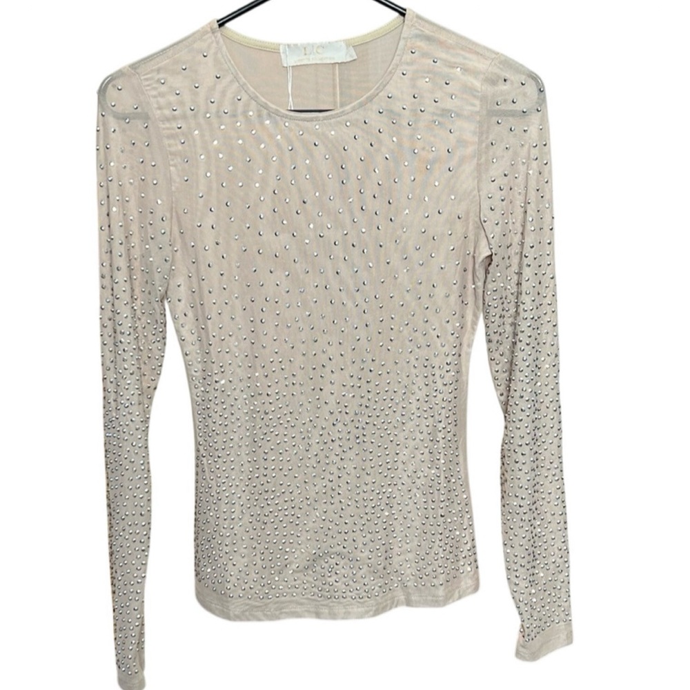 NWT LC Lizette Collection Top - Beige Rhinestone Mesh Blouse - S